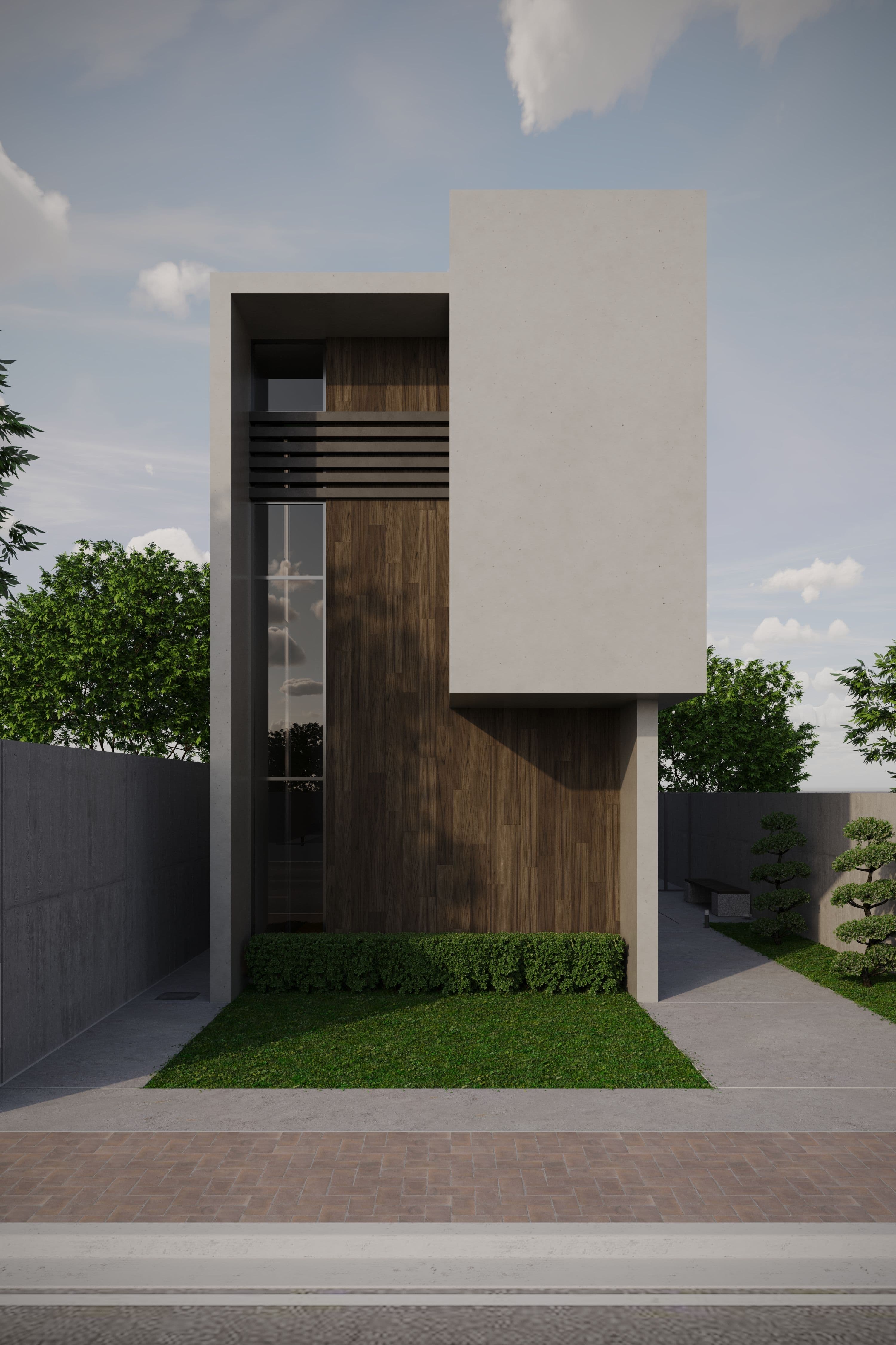 A modern single-storey house with a minimalist facade and timber paneling.